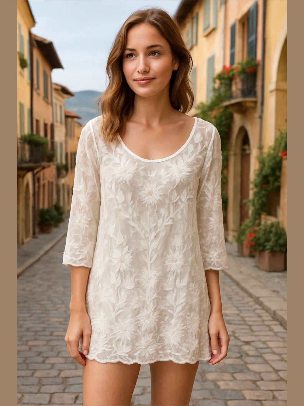 Delicate Cream Floral Lace Tunic Top Dress Mesh Embroidered Vacay Boho Cottage